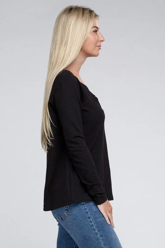 ZENANA Melange Baby Waffle V-Neck Long Sleeve Top