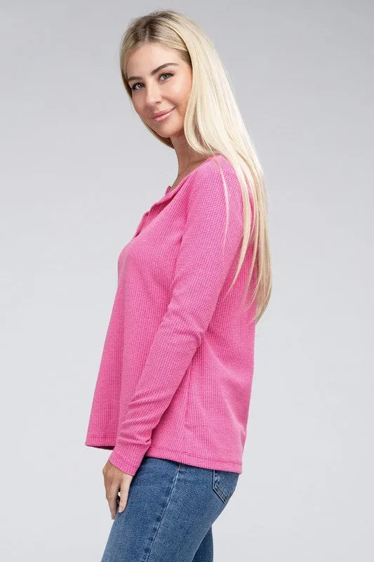 ZENANA Melange Baby Waffle V-Neck Long Sleeve Top