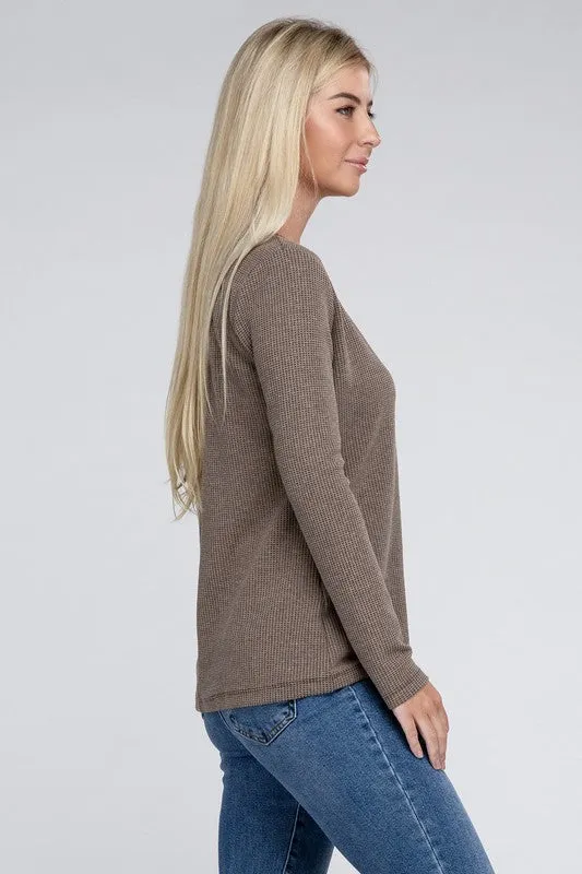 ZENANA Melange Baby Waffle V-Neck Long Sleeve Top
