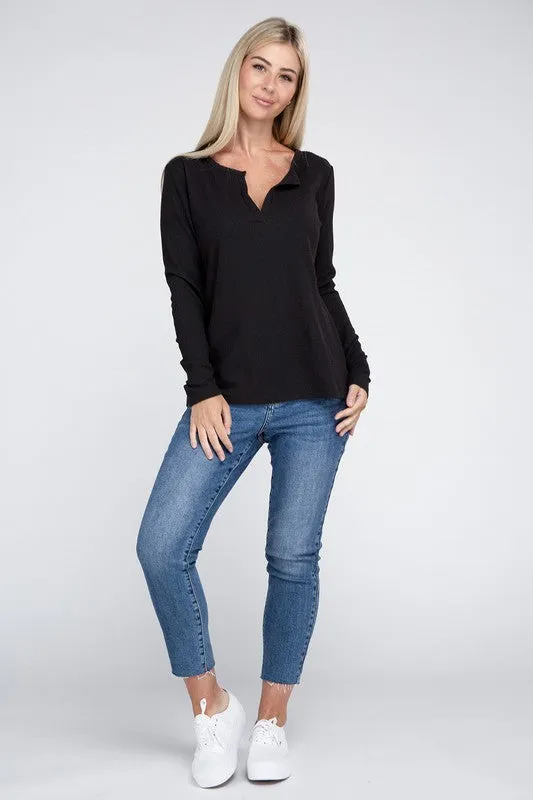 ZENANA Melange Baby Waffle V-Neck Long Sleeve Top