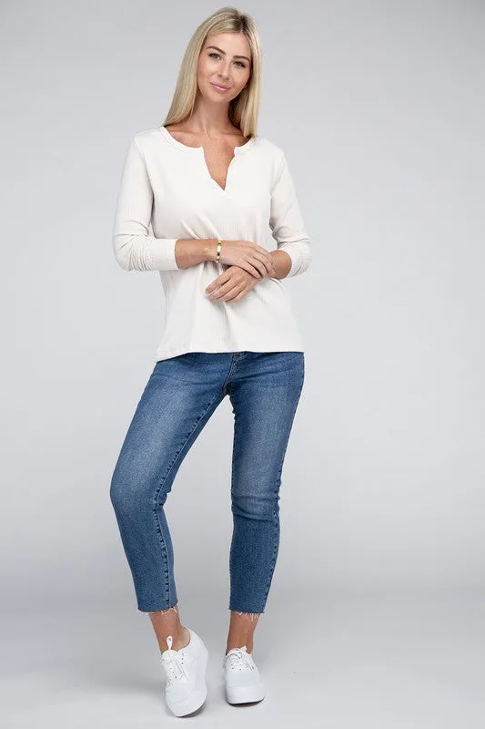 ZENANA Melange Baby Waffle V-Neck Long Sleeve Top