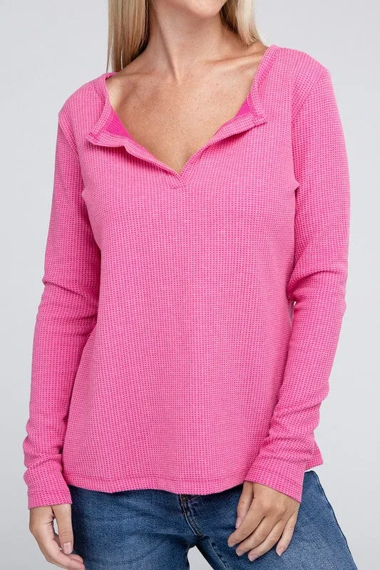 ZENANA Melange Baby Waffle V-Neck Long Sleeve Top
