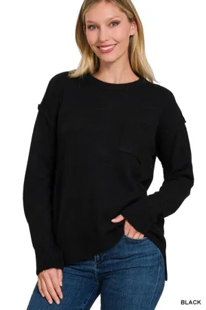 ZENANA Melange Hi-Low hem Round Neck Sweater