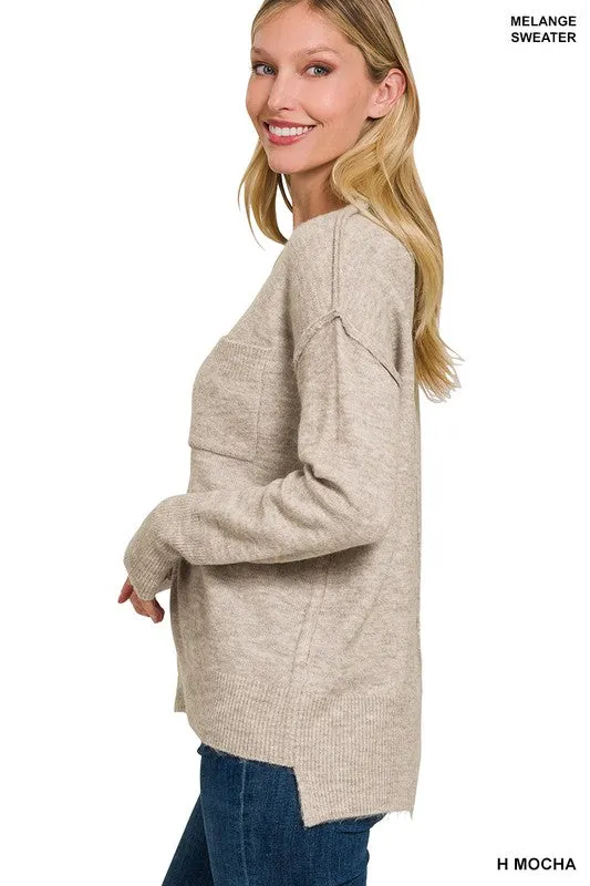ZENANA Melange Hi-Low hem Round Neck Sweater