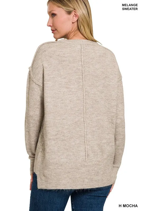 ZENANA Melange Hi-Low hem Round Neck Sweater