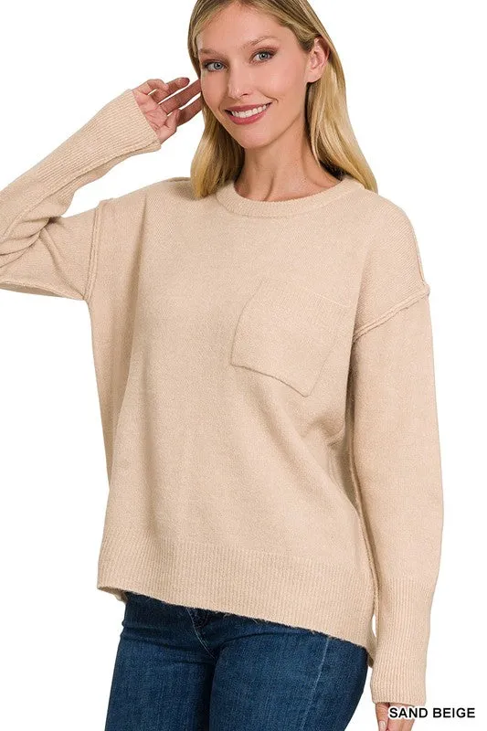ZENANA Melange Hi-Low hem Round Neck Sweater
