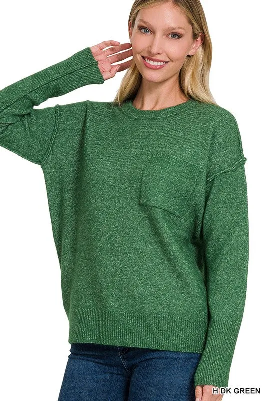 ZENANA Melange Hi-Low hem Round Neck Sweater