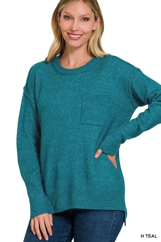ZENANA Melange Hi-Low hem Round Neck Sweater