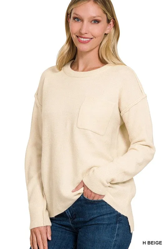 ZENANA Melange Hi-Low hem Round Neck Sweater